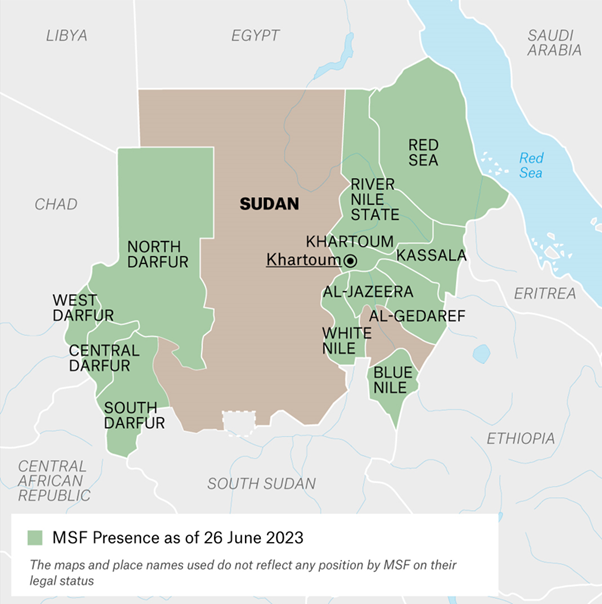 Einsatzgebiete von Ärzte ohne Grenzen im Sudan - Juni 2023