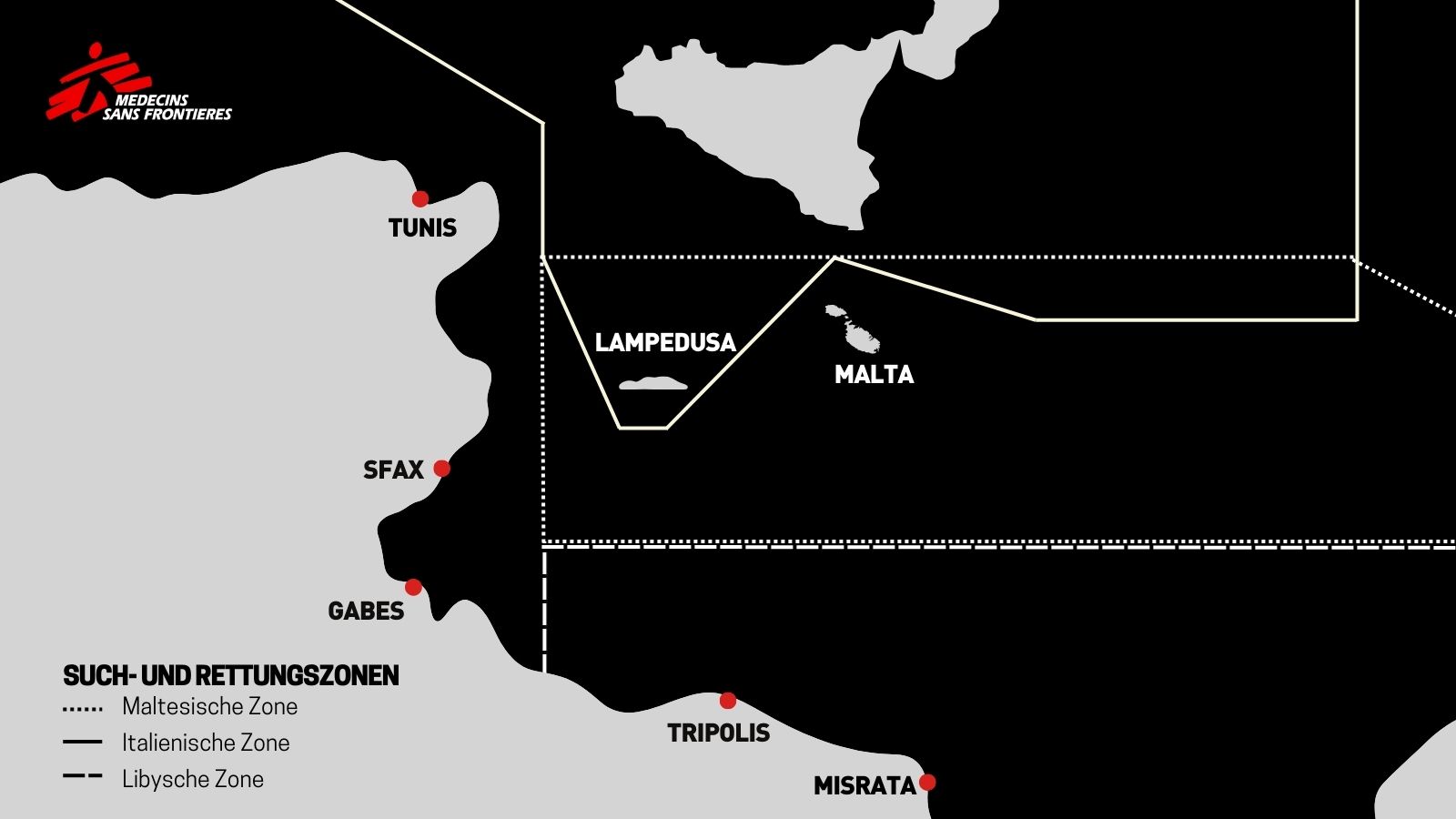 Staatliche Rettungszonen im zentralen Mittelmeer von Italien, Malta und Libyen.