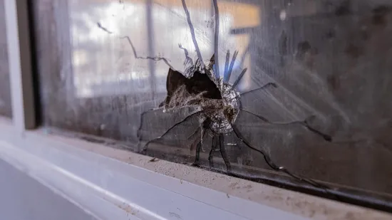 Bullet hole caused by shooting in the operating room of the Zalingei teaching hospital, Central Darfur state, Sudan.