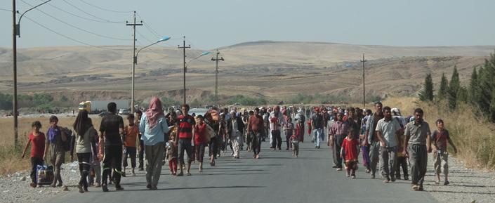 Flüchtlinge von Sindschar marschieren über die syrische Grenze in den Irak.
