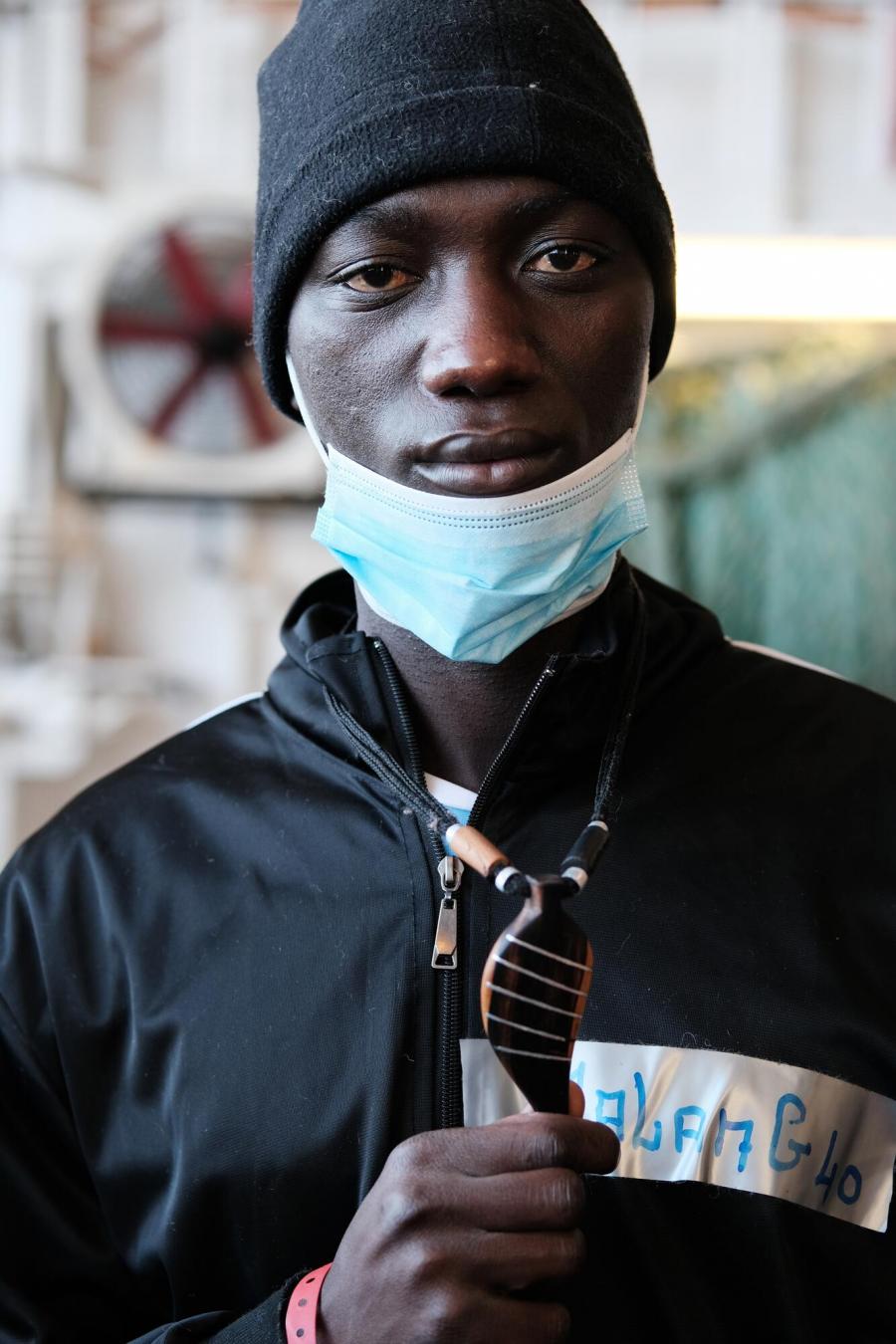 Aliou, a survivor from Senegal, on the Geo Barents. March 2022.