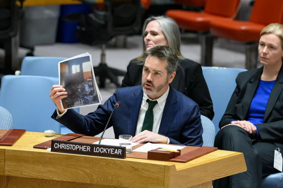 Still image of Christoper Lockyear at UNSC briefing on Gaza