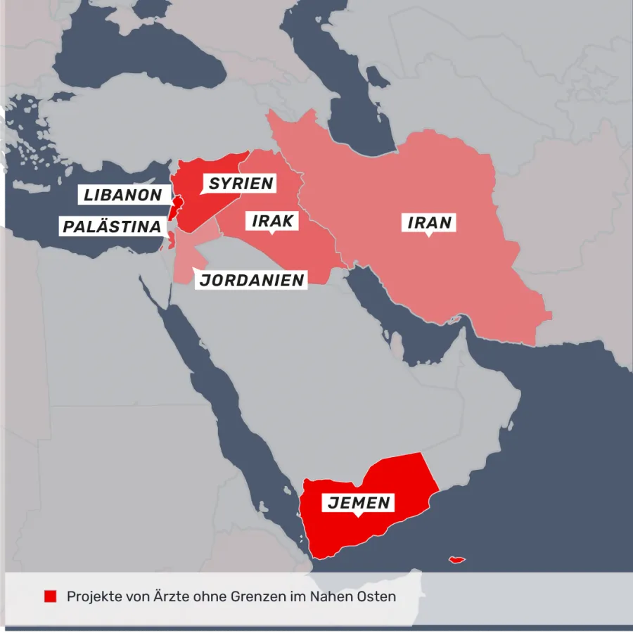 Projekte von Ärzte ohne Grenzen im Nahen Osten im Libanon, Palästina, Syrien, Jordanien, Irak, Iran und Jemen