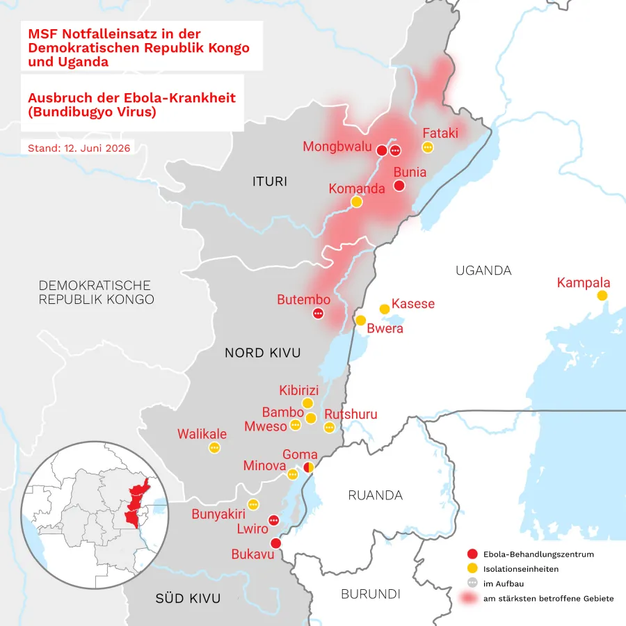 Ebola Ausbruch in der DR Kongo - Karte von den Einsatzgebieten von Ärzte ohne Grenzen