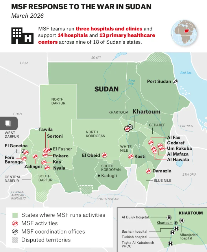 Landkarte des Sudan mit den Einsatzorten von Ärzte ohne Grenzen, Stand Juli 2026