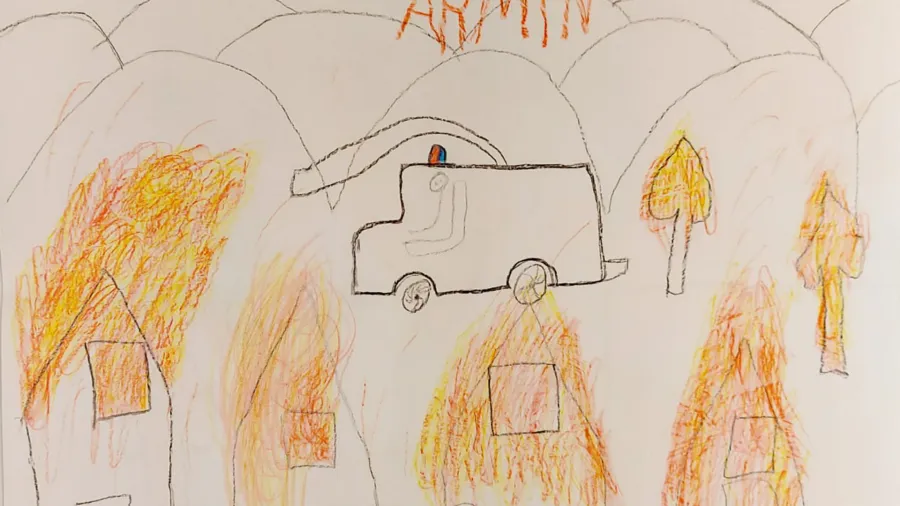 Zeichnung vom Brand in Moria