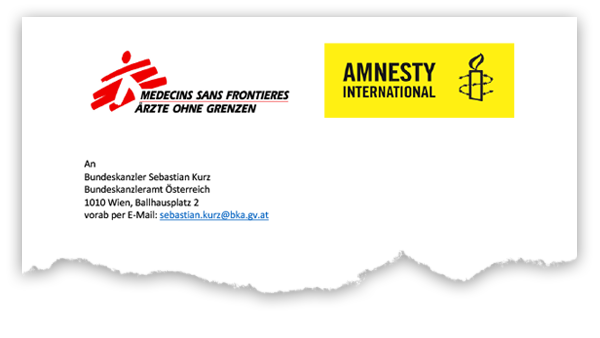 Abriss eines Briefes, auf dem die Logos von Ärzte ohne Grenzen und Amnesty International zu sehen sind. Addressat ist Bundeskanzler Sebastian Kurz.