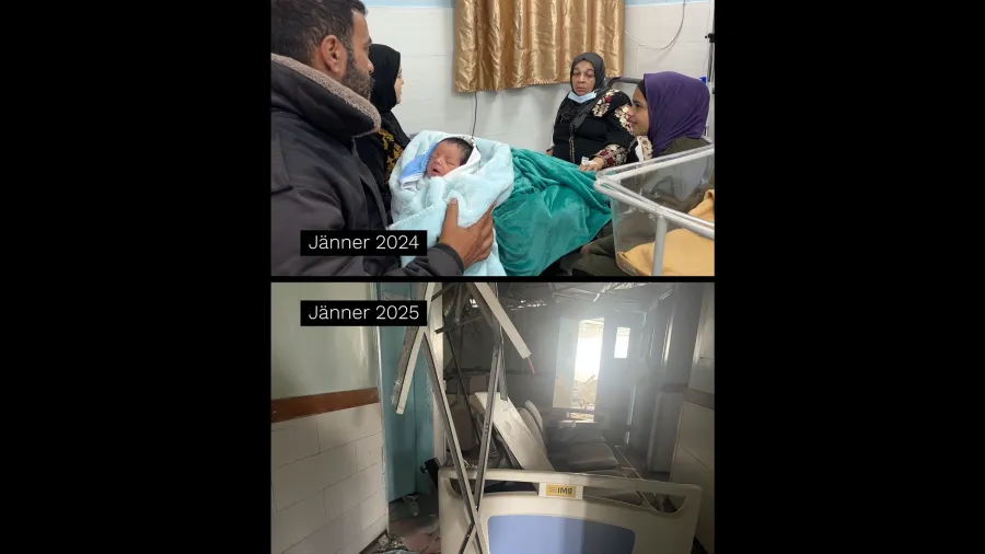 Vergleich Krankenhaus in Gaza Jänner 2024 und Jänner 2025