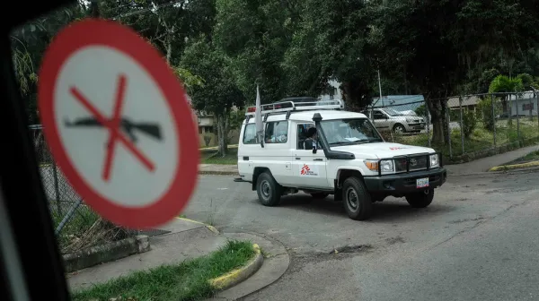 A MSF car circulates outside of the Padre Justo de Rubio Hospital
